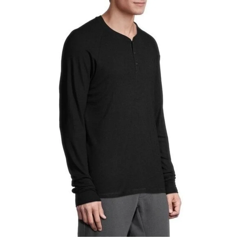 Hanes Men's Large Black Long Sleeve Henley Pajama Lounge Ribbed Modal Raglan